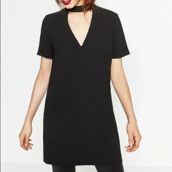 Zara Black Mini Shift Choker Neck Dress, Sort Sleeves, Medium - Picture 3 of 9